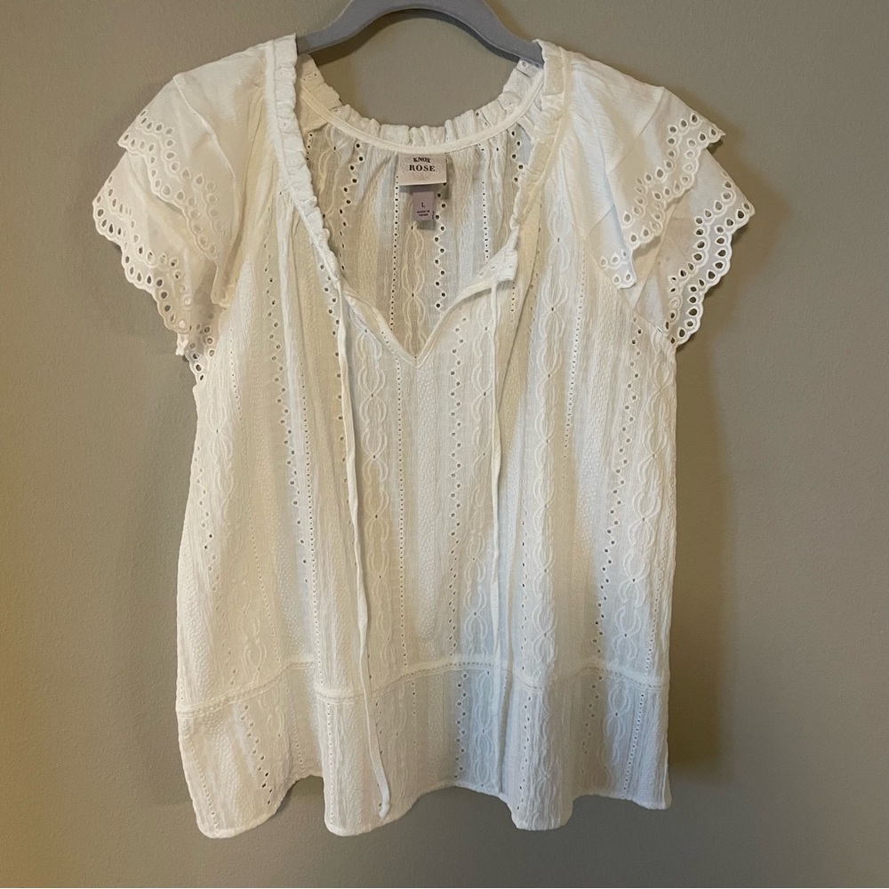 Knox Rose Eyelet Blouse Womens Size L White Short Sleeve Boho Soft Knit Lace